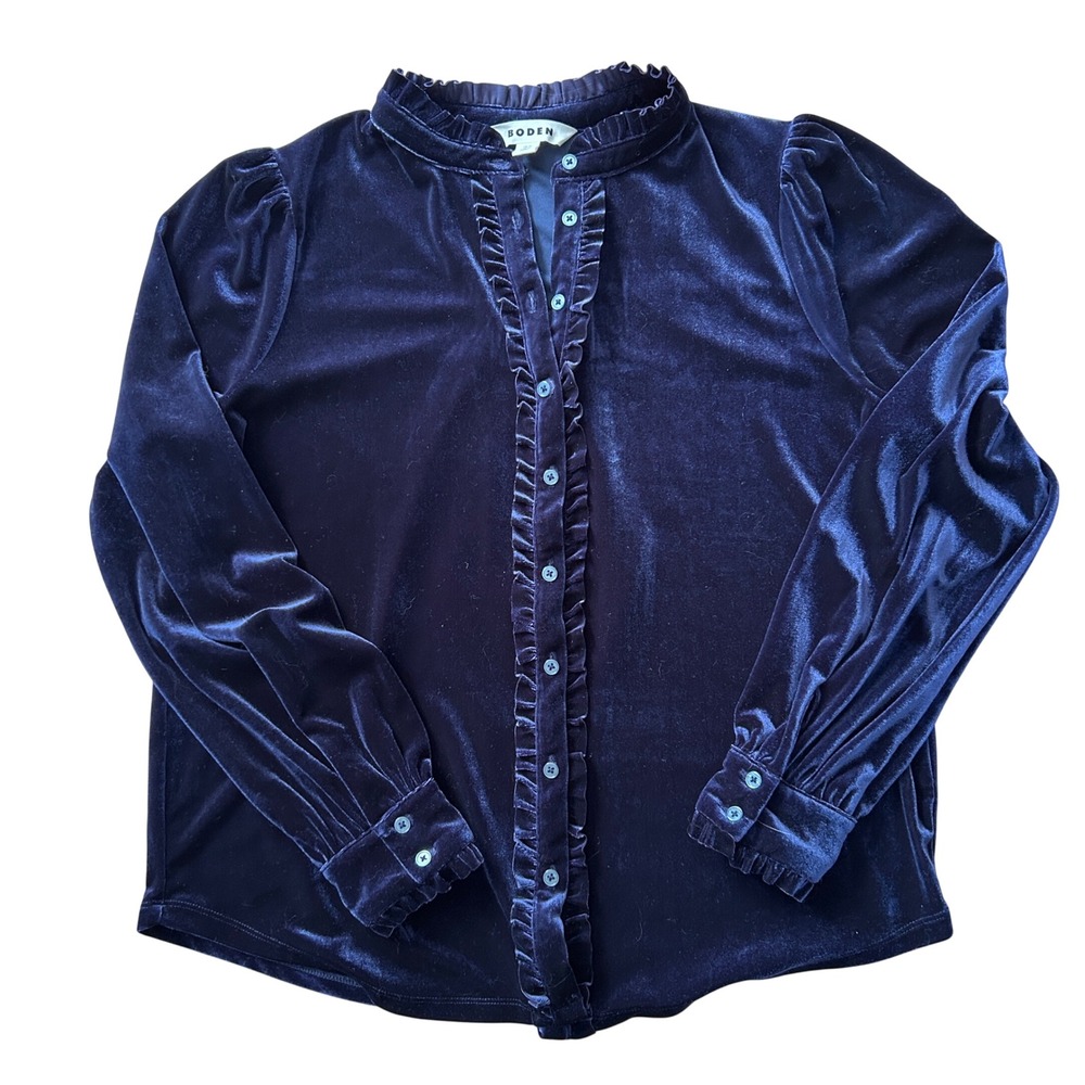 Boden Caroline Navy Blue Velvet Ruffle Button Front Blouse Romantic Top US 10